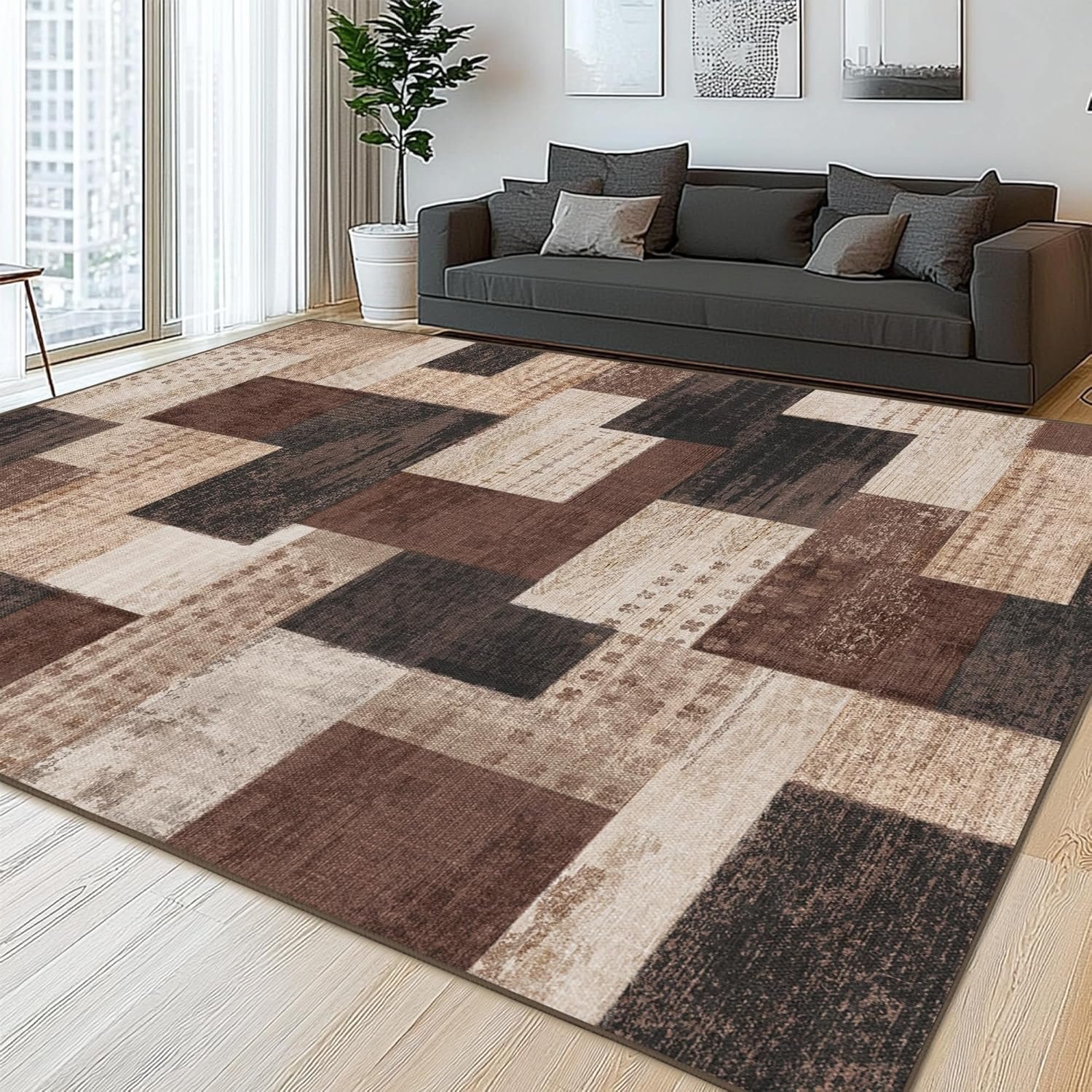 Modern Geometric Patchwork Indoor Area Rug for Living Room, Chocolate 5’x 7′ Large Rug Rockwood Collection Hardwood Floors Decor for Bedroom, Brown Throw Carpet for Office Entryway Dining Room