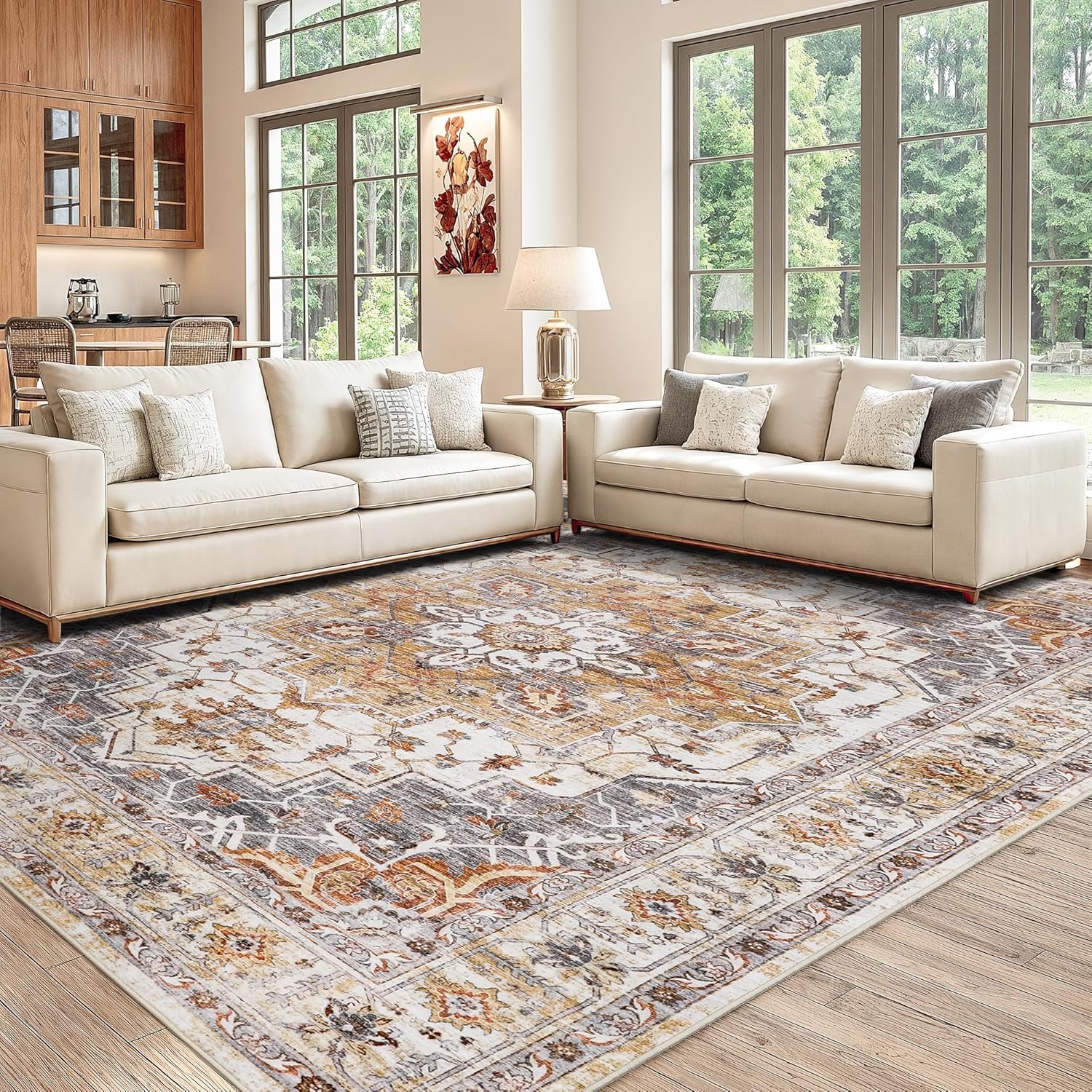 befbee Washable Area Rug 8×10, Large Soft Rugs for Living Room Stain Resistant Non-Slip Backing Rugs for Bedroom, Vintage Clearance Large Area Rug (Turmeric/Grey,8’x10′)