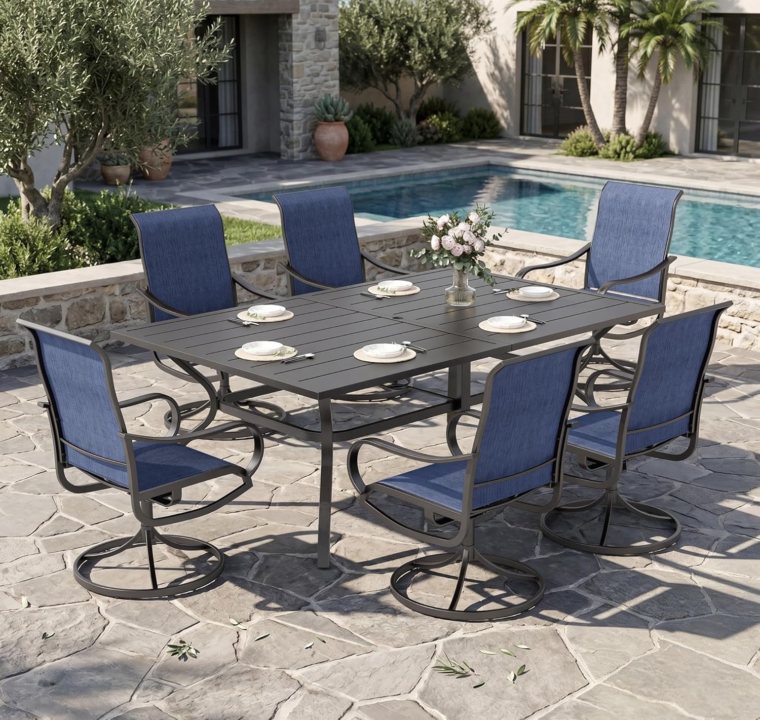 Sophia & William Outdoor Dining Set Patio Dining Set for 6 Outdoor Table and Chairs 7 Pieces Outdoor Patio Set with Swivel Patio Chairs 60″x 38″ Metal Table for Garden Pool All Weather Blue