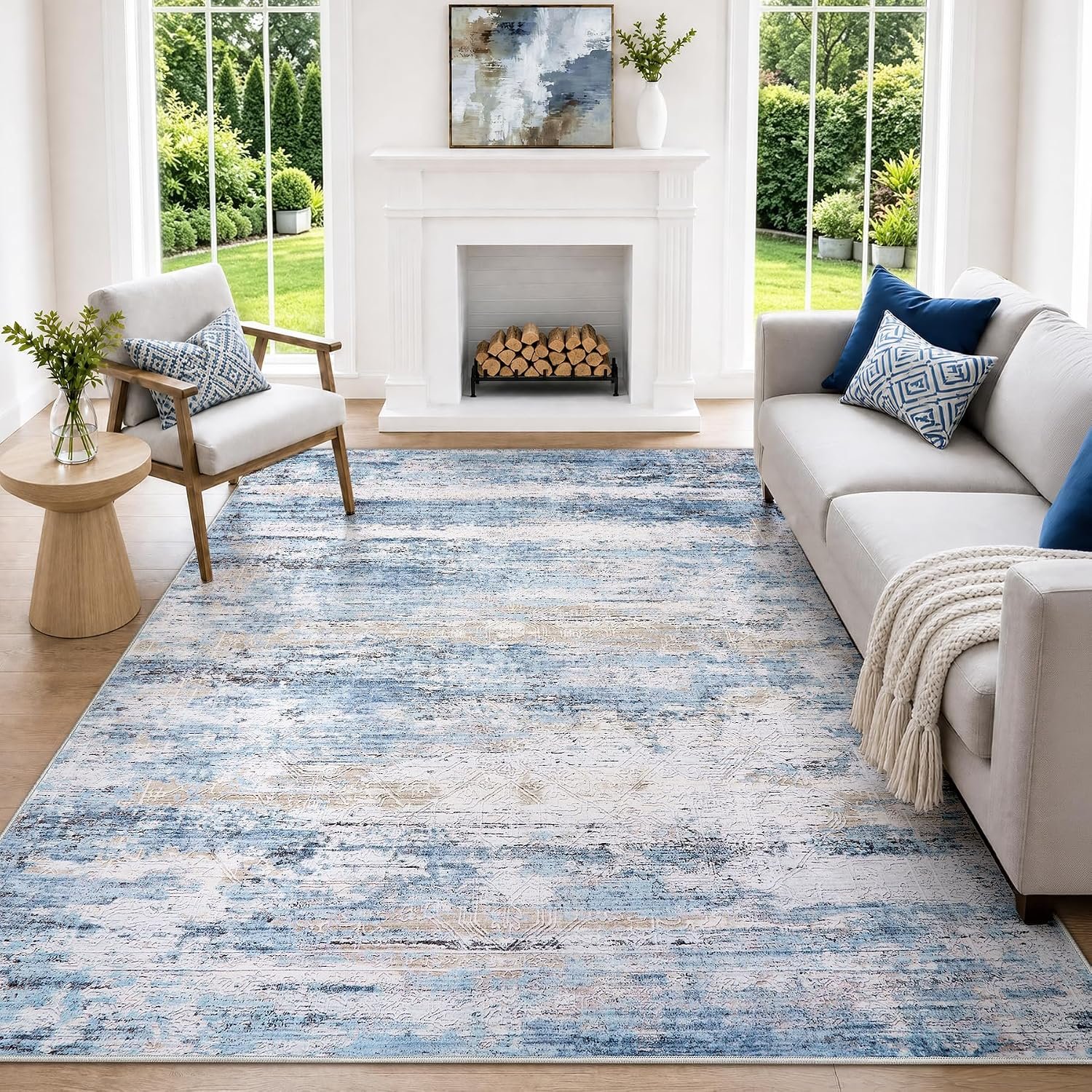 6×9 Area Rug Living Room Rugs – Washable Rug Large Modern Abstract Soft Thin Carpets Indoor Floor No Slip Vintage Carpet for Bedroom Under Dining Table Nursery Home Office Decor Blue