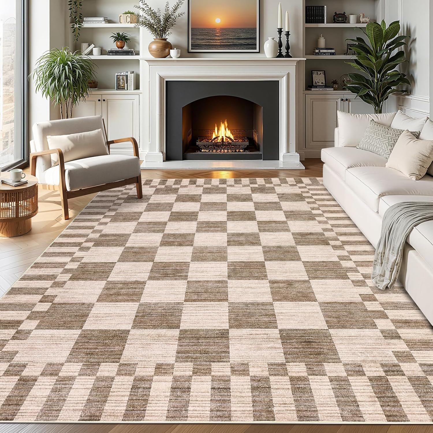 GarveeHome Brown Checkered Rug 5×7 Area Rugs for Living Room，Geometric Tan Brown Print Non-Slip Washable Rug Soft Low-Pile, Neutral Modern Farmhouse Rugs for Bedroom Dining Room Office