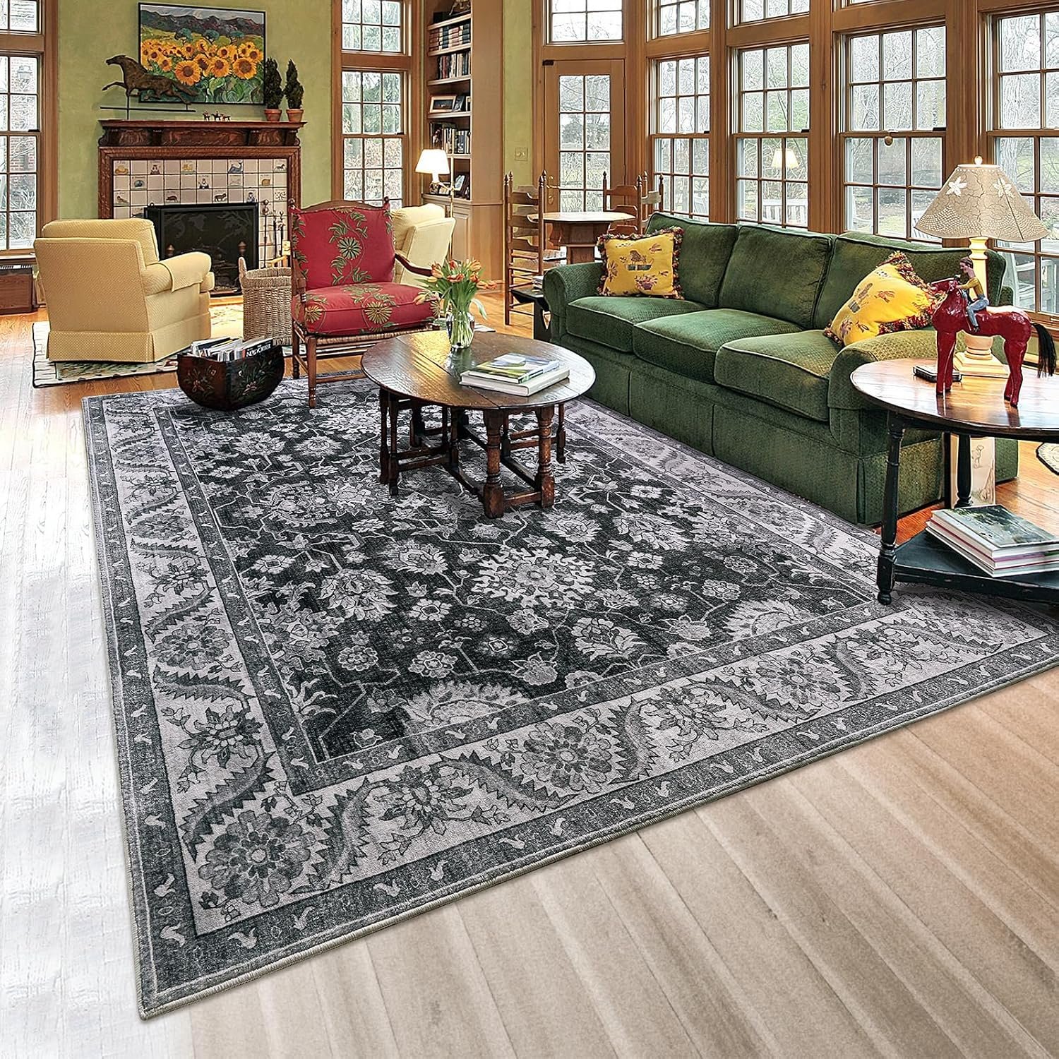 Area Rugs for Living Room, Washable 5×8 Area Rug for Bedroom, Retro Floral Carpet with Non-Slip Rubber Backing for Home Office Dorm Dining Room Kitchen