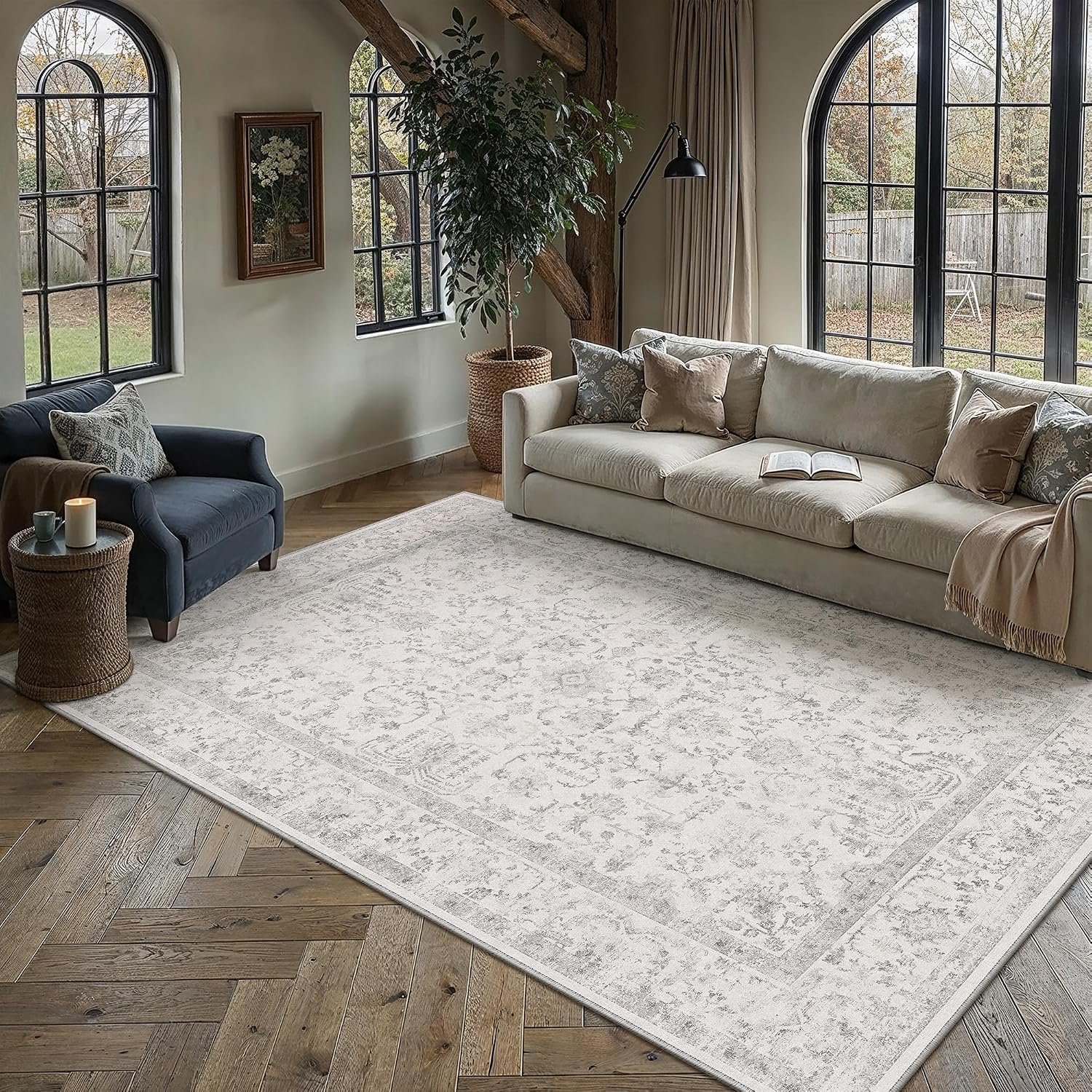 6×9 Grey Neutral Area Rug for Living Room Bedroom Machine Washable Low Pile Carpet Vintage Accent Soft Non Slip Rug for Dining Room Decor Nursery Indoor