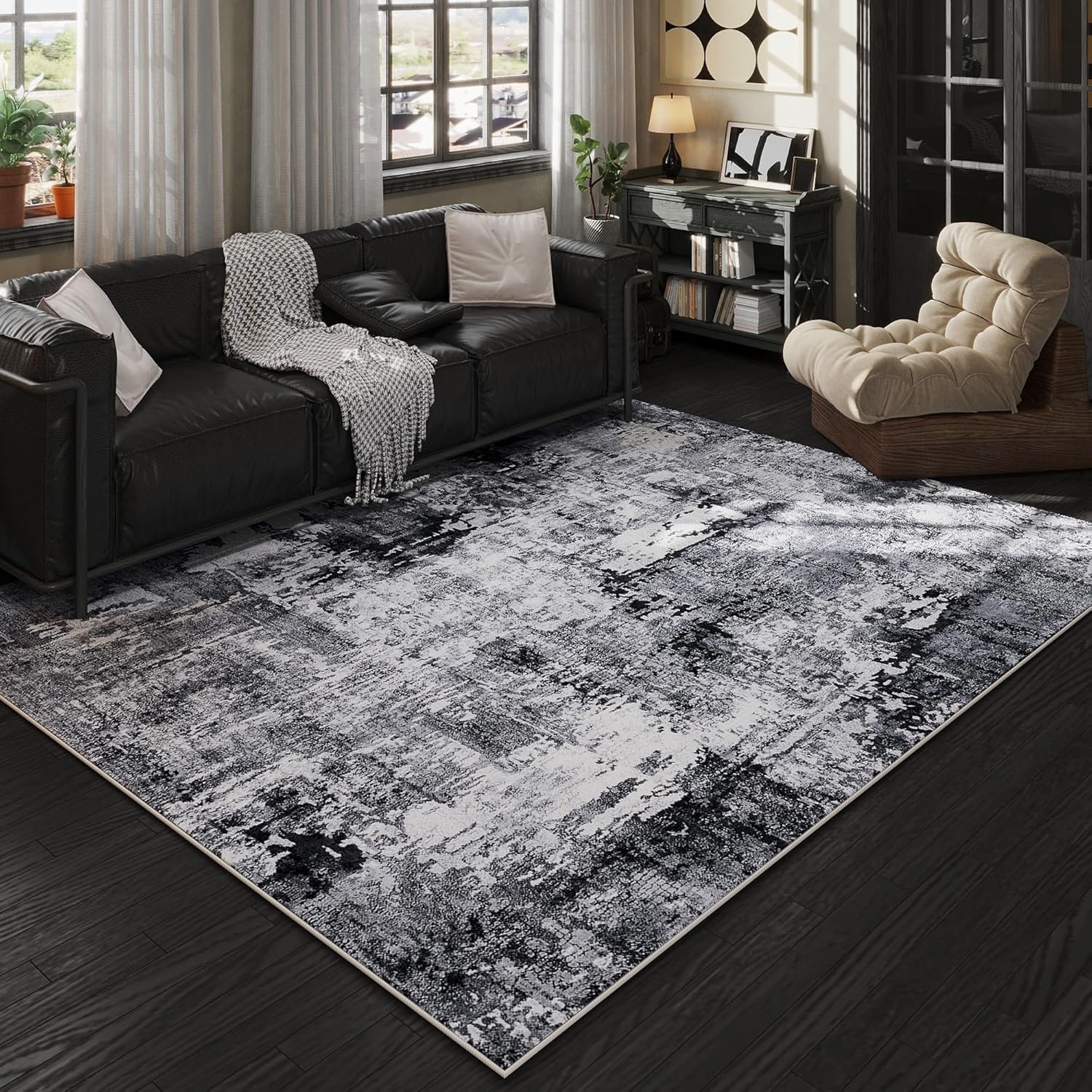 Rugcomf Area Rug 5×7 Washable Rug Boho Soft Abstract Pattern Non-Slip Faux Wool Vintage for Living Room, Bedroom, Farmhouse, Dining Room, Kids Playroom, Grey and Black