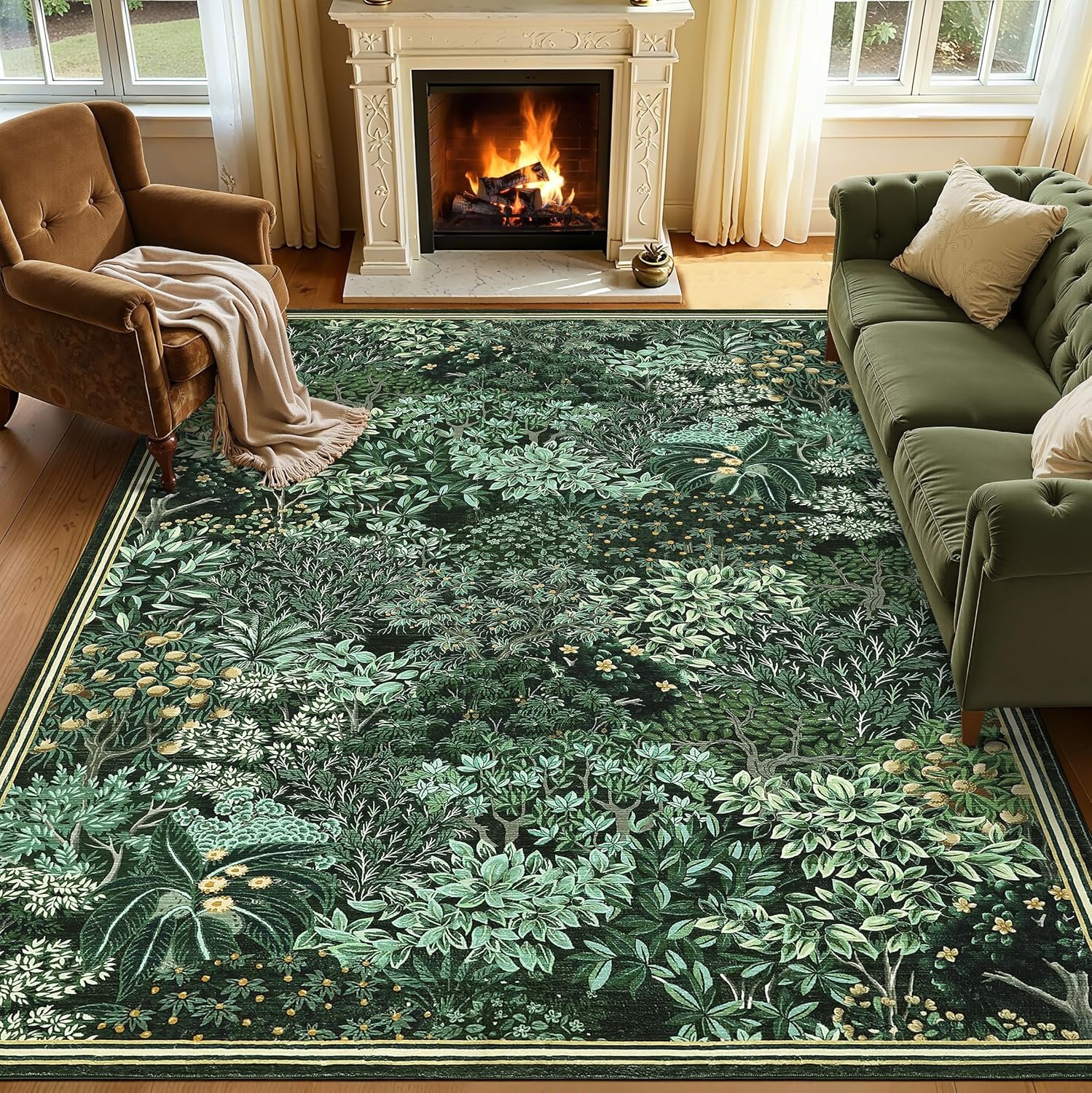 GarveeHome Forest Rugs 5×7, Green Washable Area Rugs for Living Room 5×7, Botanical Low Pile Non Slip Stain Resistance Woodland Rug for Farmhouse, Bedroom, Dining Room
