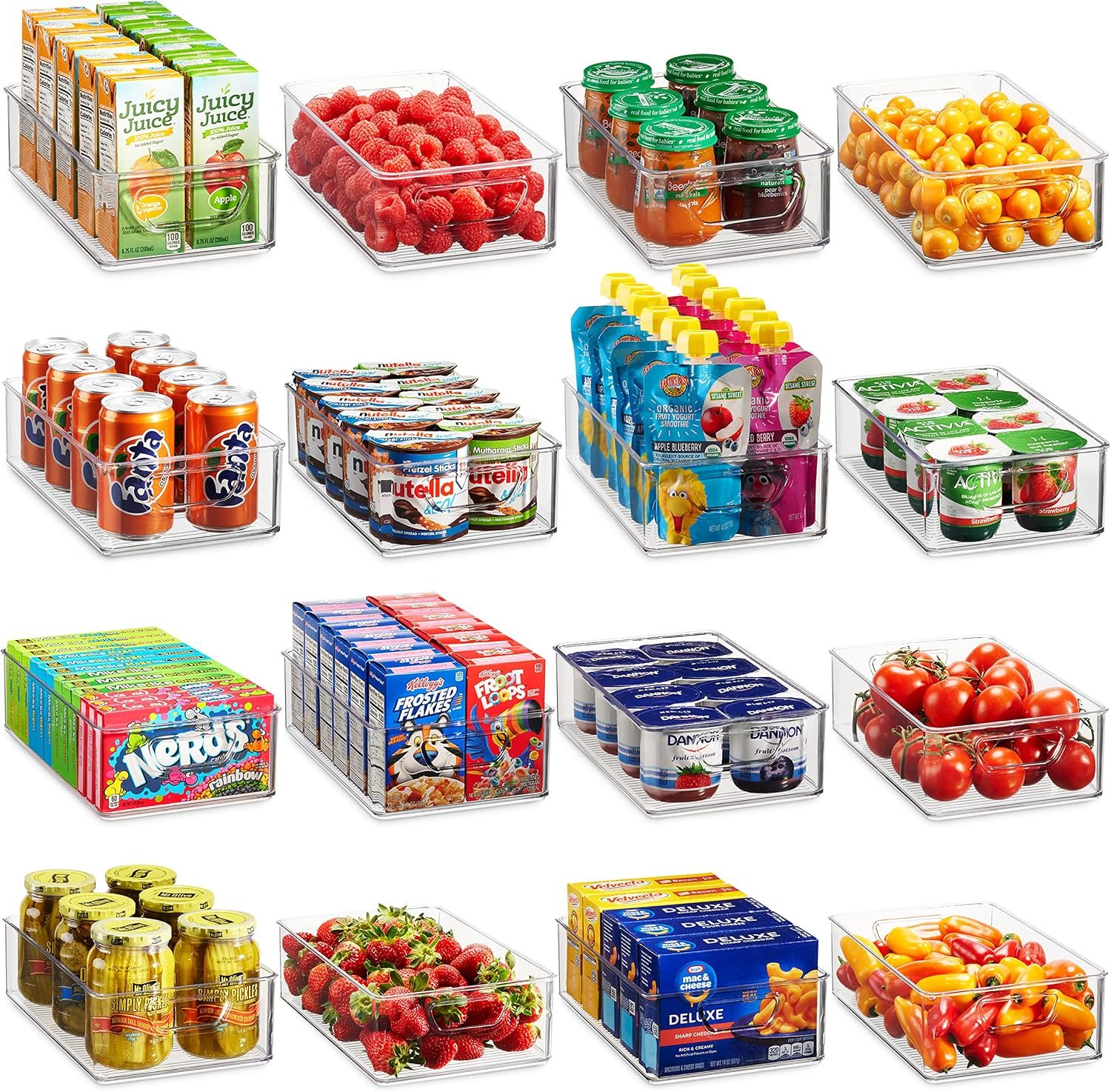 Munfix Set Of 16 Refrigerator Organizer Bins – Plastic Pantry Organization and Storage Baskets – Stackable Food Fridge Organizers with Cutout Handles for Freezer, Kitchen, Countertops, Cabinets