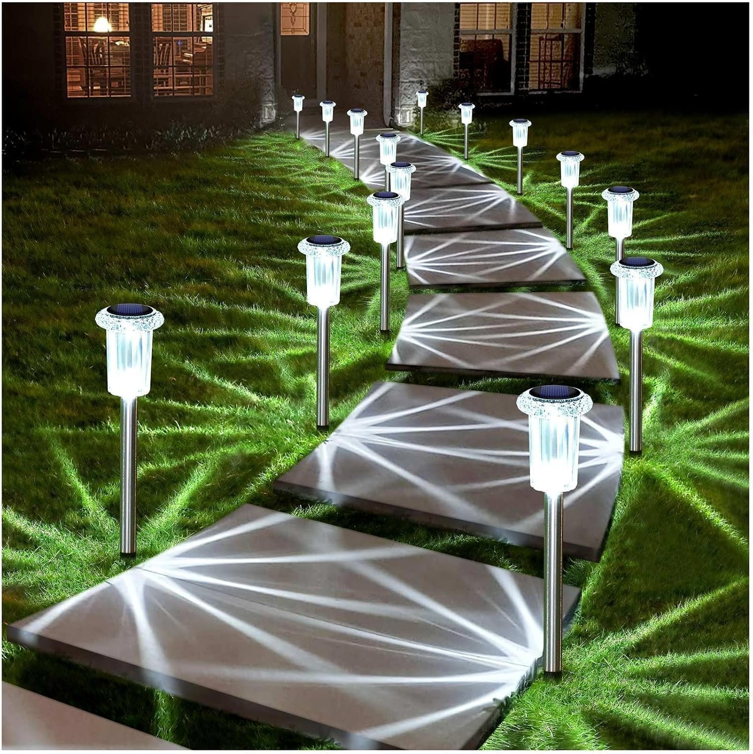 DenicMic Solar Lights Outdoor Waterproof 10 Pack Pathway Lights Cool White | Stake Lights for Yard Garden Driveway Walkway Outside Landscape Path Lights, Auto On/Off 6000K LED, Stainless Steel Pole