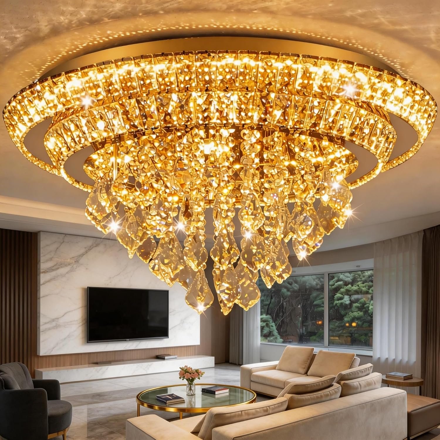Crystal Ceiling Light Smart Flush Mount Chandelier for Dining Room | Remote/APP Group Control,3-Color Dimmable LED,Big Brightness,Timer,Luxury Raindrop Pendant Light Fixtures for Living Room